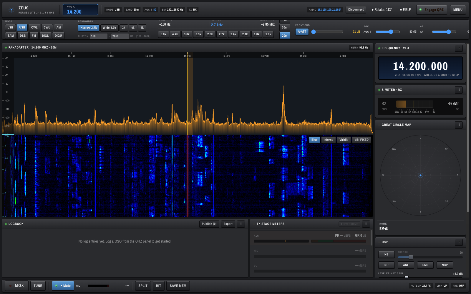 Zeus connected to a radio with panadapter, waterfall, VFO, meters, and tools visible.