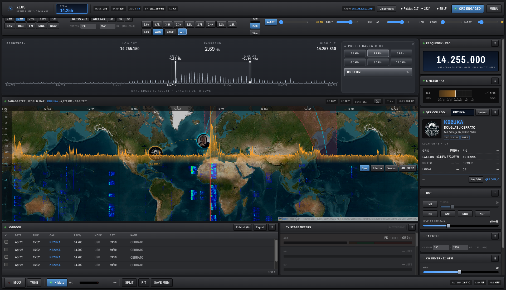 Zeus filter panel open with receive bandwidth controls.